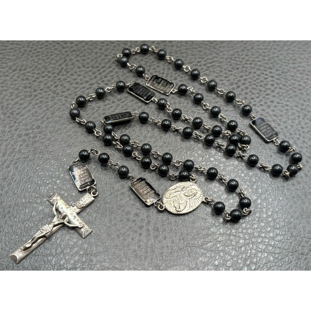 Vintage Rare Creed Sterling Silver Crucifix Cross Black Enamel Station Rosary